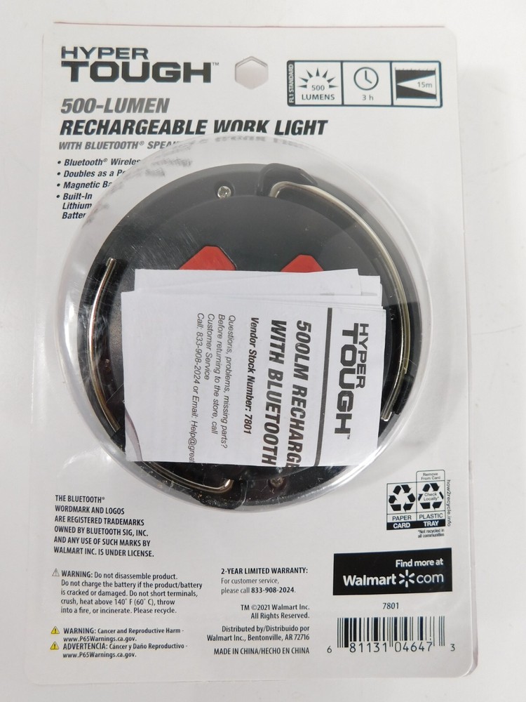 Hyper Tough 500-Lumen Rechargeable Work Light with Speaker, Red, Black