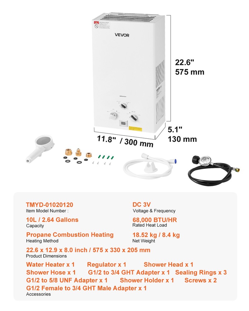 VEVOR Portable Propane Water Heater 10L Tankless with Accessory Regulator for RV