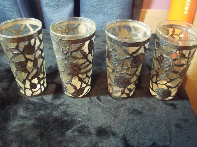 4 Vtg Mexican Filigree Medium Glass Sterling Silver Openwork Rose Pattern 5"+++