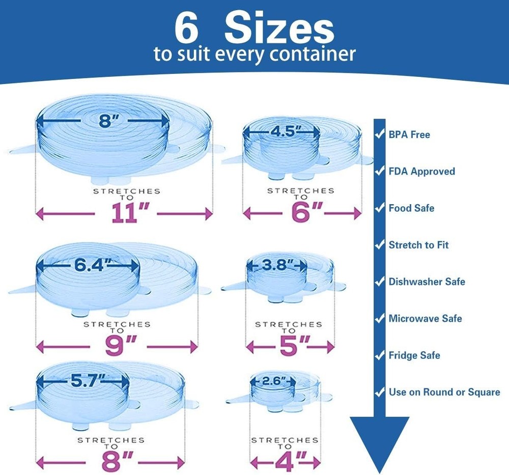Reusable Stretchy Silicone Stretch Lids Heat Resistant 6 Pack BLUE