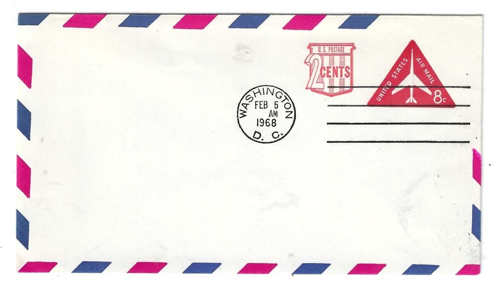 1968 8¢ Triangle Airmail Env FDC UC41 Revalued Unaddressed