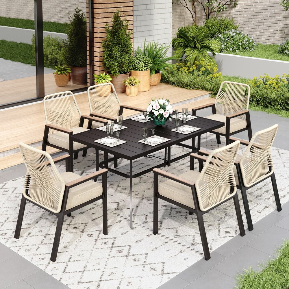 7-Piece Patio Dining Set 59" Rectangle Dining Table with 6 Wicker Armchairs