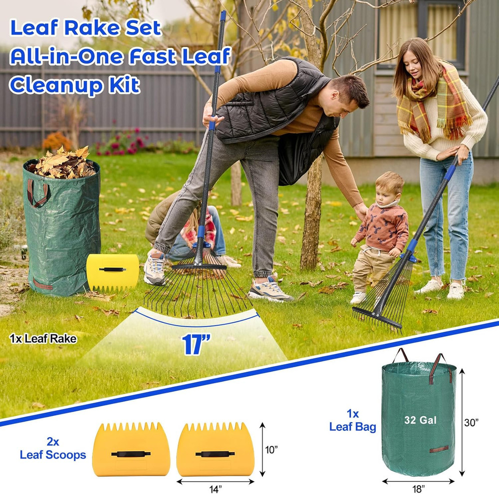 Garden Leaf Rake Set: 18 Tines Adjustable Rake, 2 Leaf Scoops, 32Gallon Leaf Bag