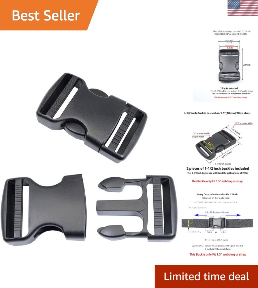Quick Release 1.5 Inch Adjustable Buckles - Durable Plastic Strap Clips, 2 Pack