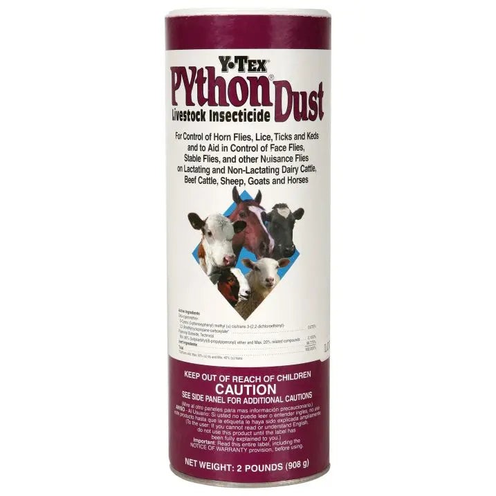 Python Dust Livestock Insecticide 2 lb Horn Flies Ticks Cattle Horses Shaker Can