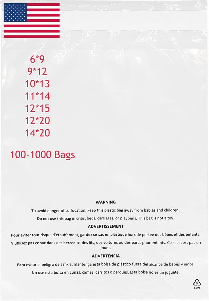 Self Seal Plastic Bags 1.5 mil Clear with Suffocation Warning Printed
