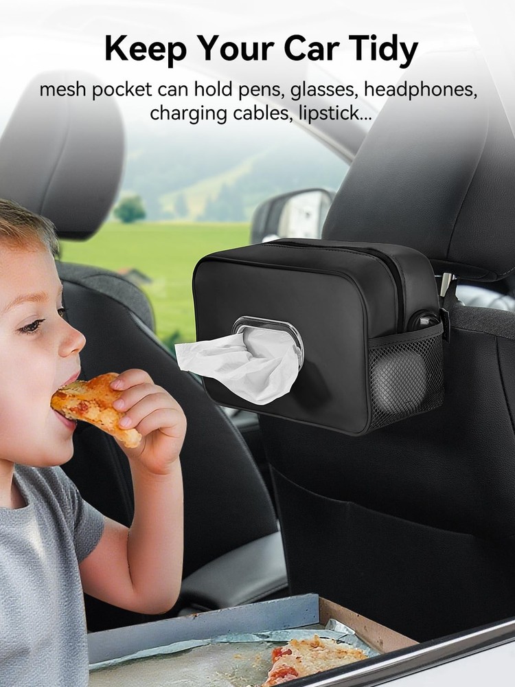 Car Tissue Holder with Storage Nets, PU Leather Organizer for 100-150 Tissues