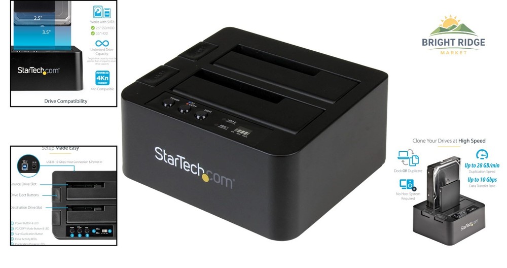 Dual Bay SATA Drive Dock with Standalone Cloning Functionality and Power Adapter