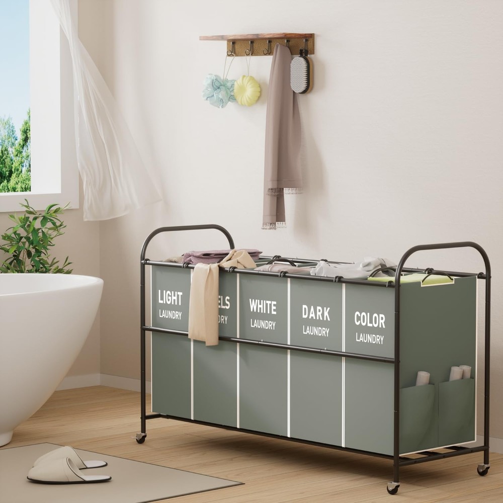 5-Section Laundry Sorter Cart, Large Laundry Hamper with Lockable Rolling Whe...