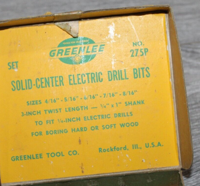 GREENLEE NO 275P SOLID CENTER ELECTRICAL DRILL BITS In Original Box Vintage Old