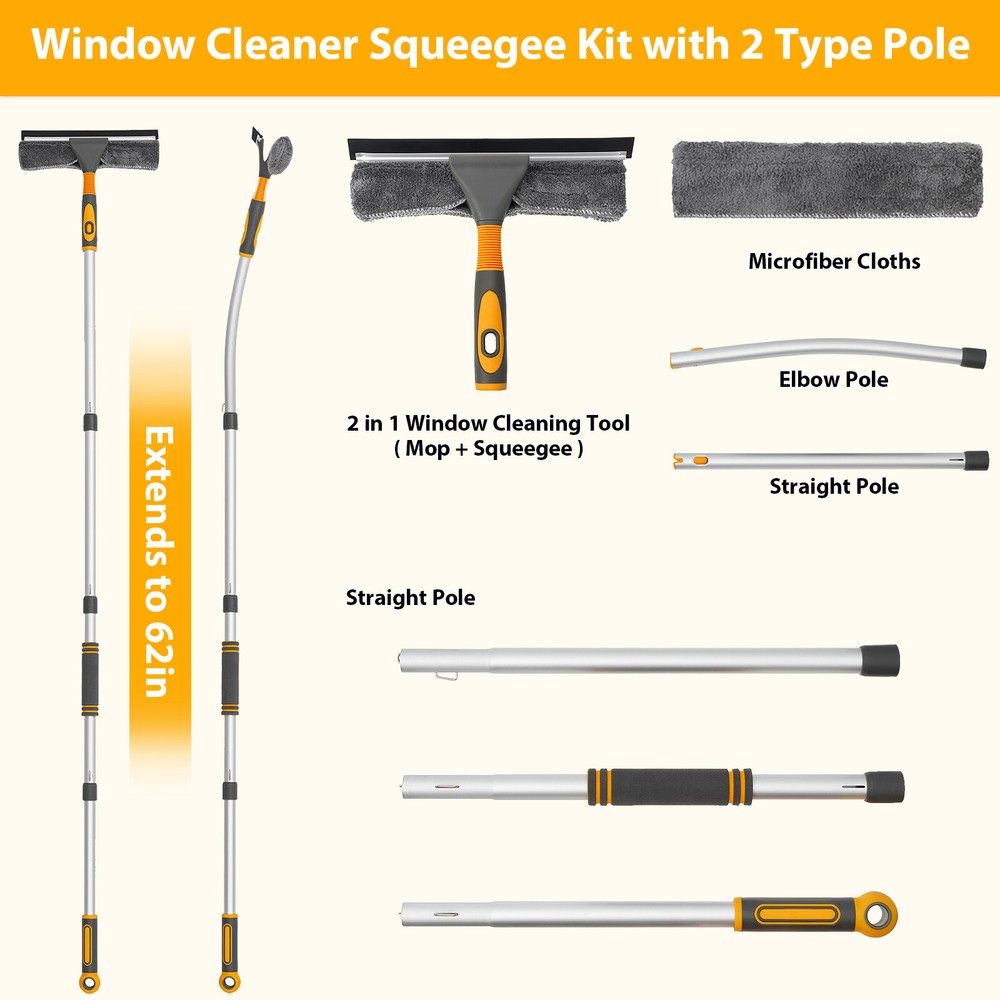 61'' Window Cleaner Extendable Telescopic Squeegee Long Handle Washer Scrubber