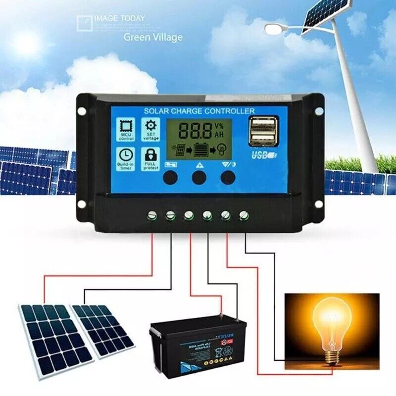 30A 12V/24V Solar Panel Battery Charge Controller LCD Regulator Auto Dual USB US