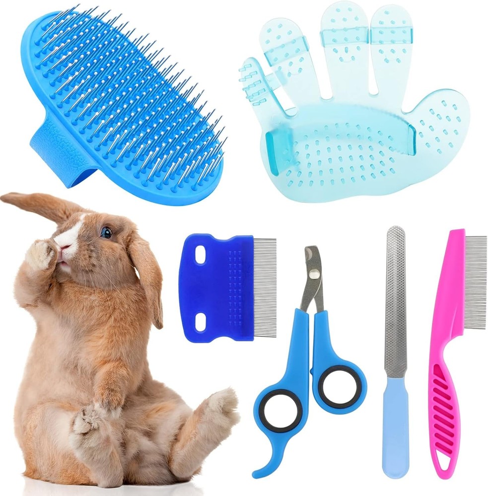 Rabbit Grooming Kit, Brush 6 Piece Set, Blue, Clear, Pink, Red, Silver