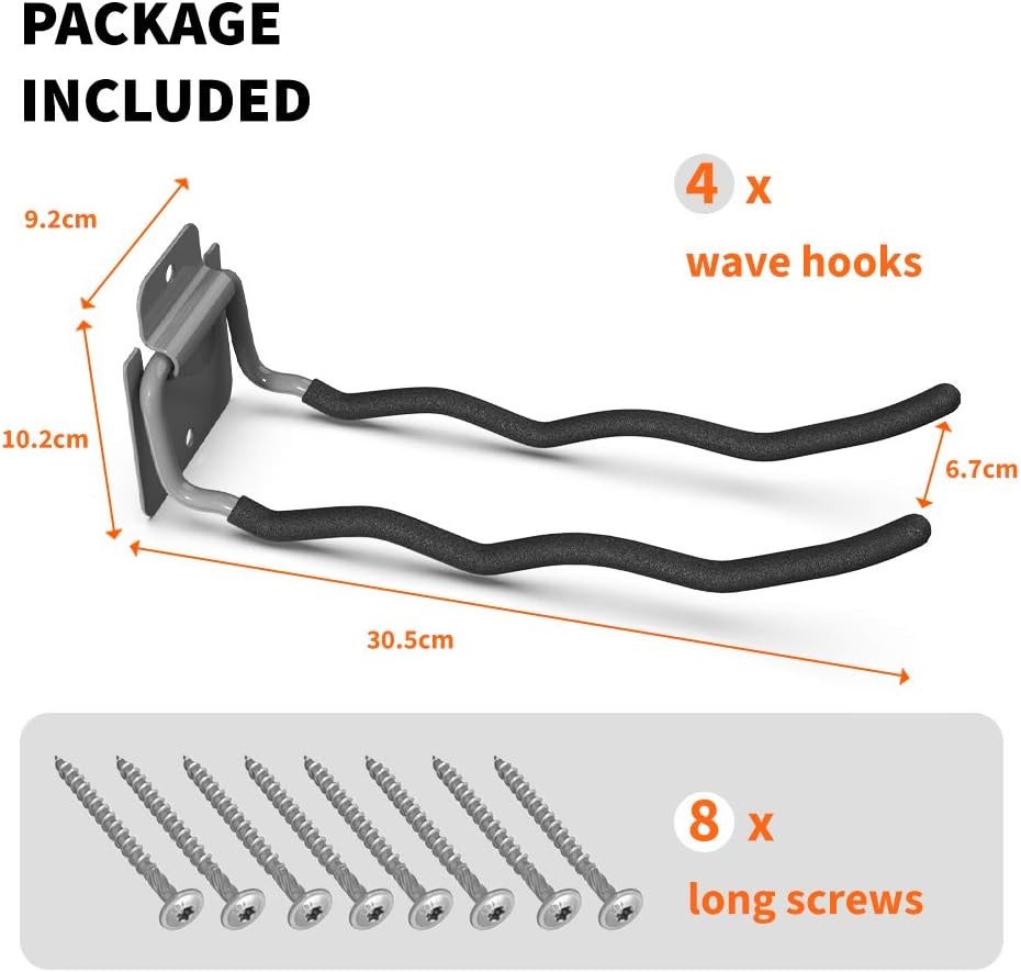 Garage Hooks Tool Organizer, 4 Pack 4-Pack 12 Wave Hooks, Black, Gray