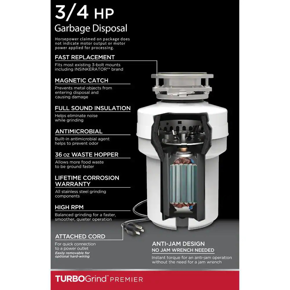 Turbo Grind Premier 3/4 Hp Continuous Feed Garbage Disposal with Power Cord