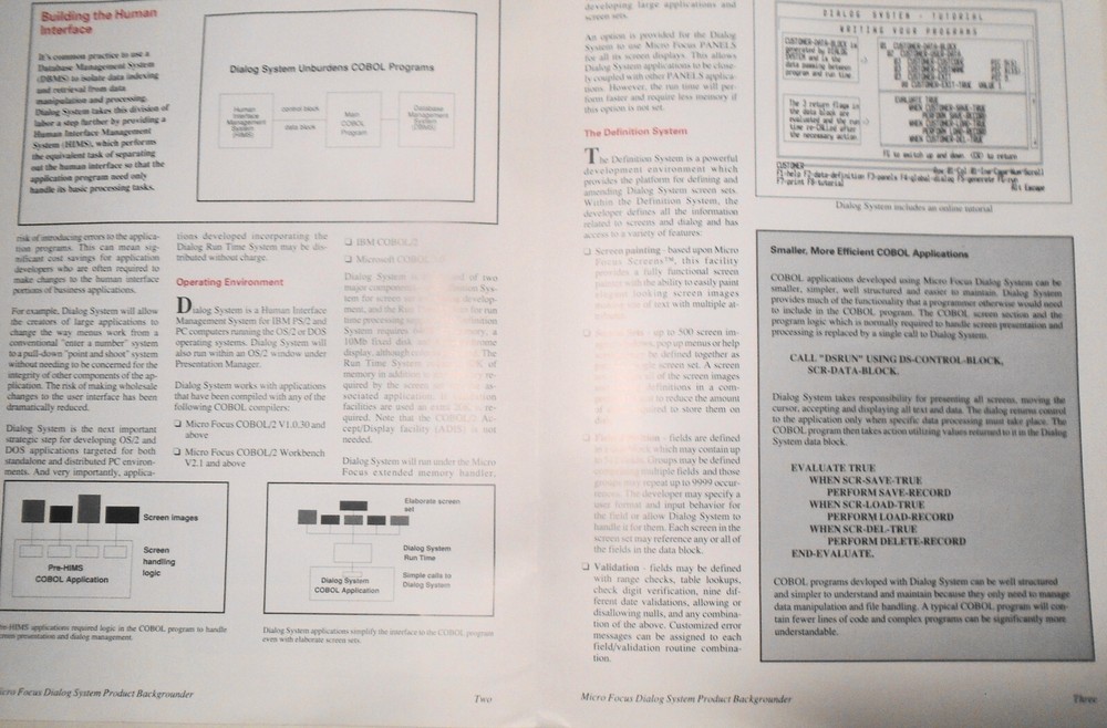 Micro Focus COBOL - 4 Brochures, 1989: Dialog System, 370 Assembler, Data Tools
