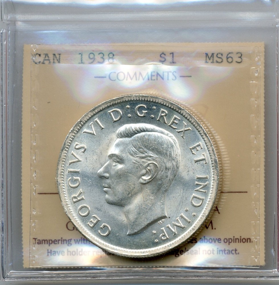 1938 Canada Silver Dollar - Choice Uncirculated, ICCS MS 63