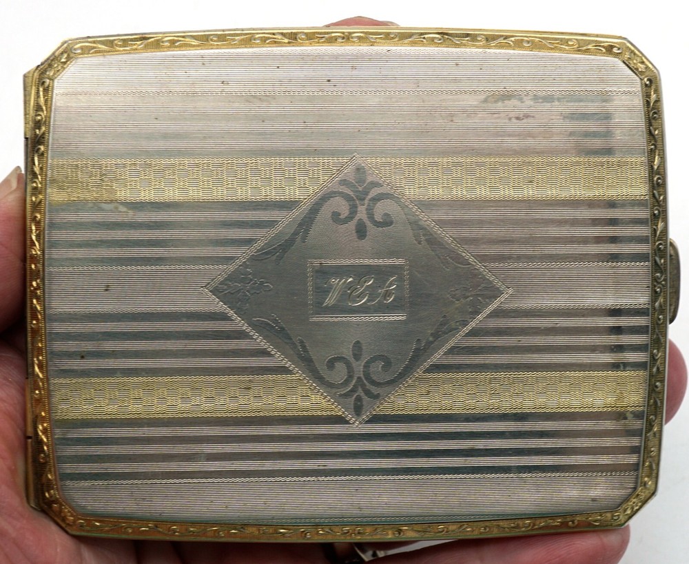 Antique Sterling Silver & Glit Engine Turned Design Cigarette Case