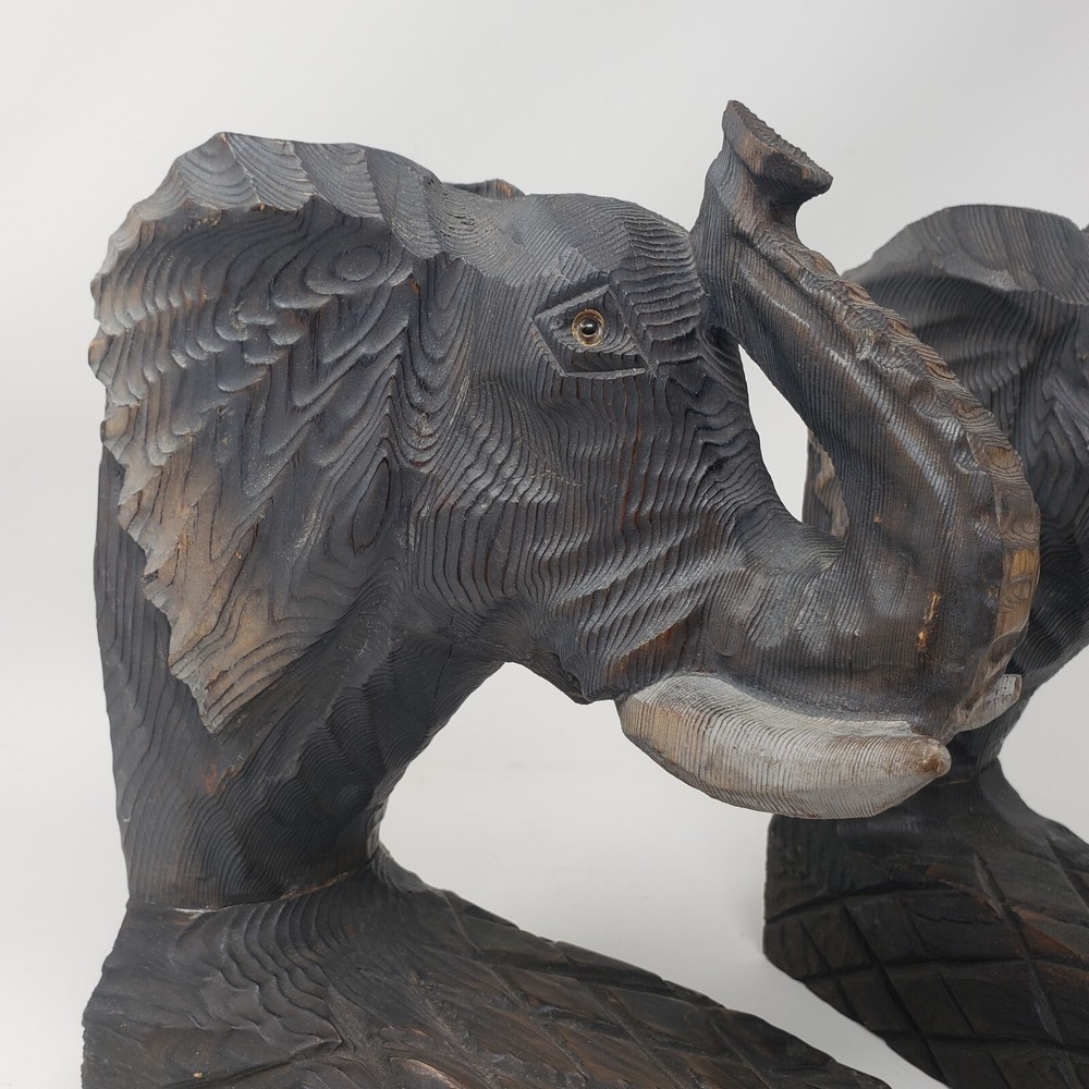 Hand Carved Solid WOOD Large Elephant Bookends Pyrography 9.5 inches tall