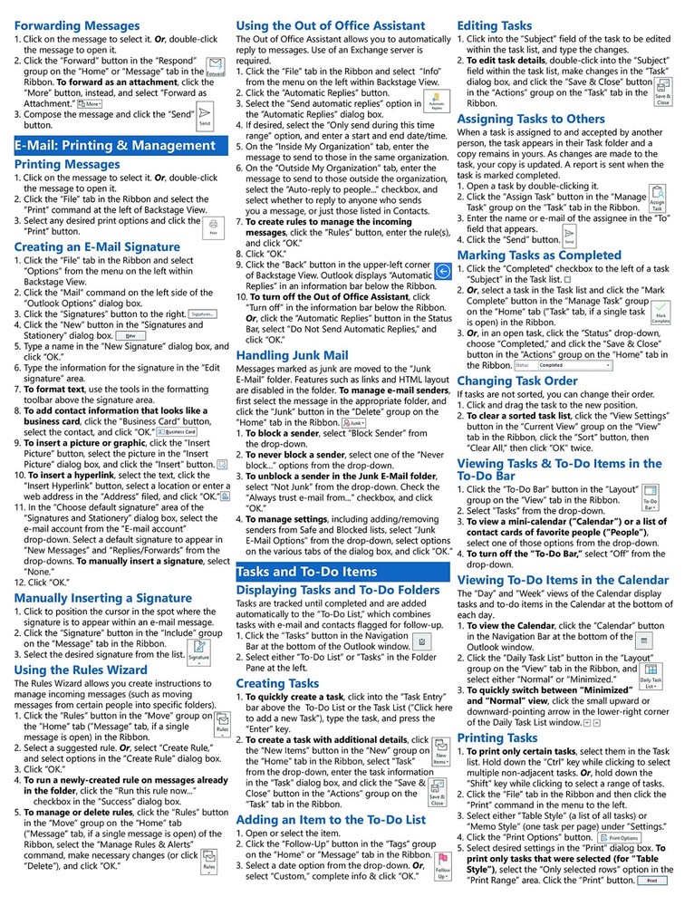 Outlook 2019 Training Guide Quick Reference Card 4 Page Cheat Sheet Instructions