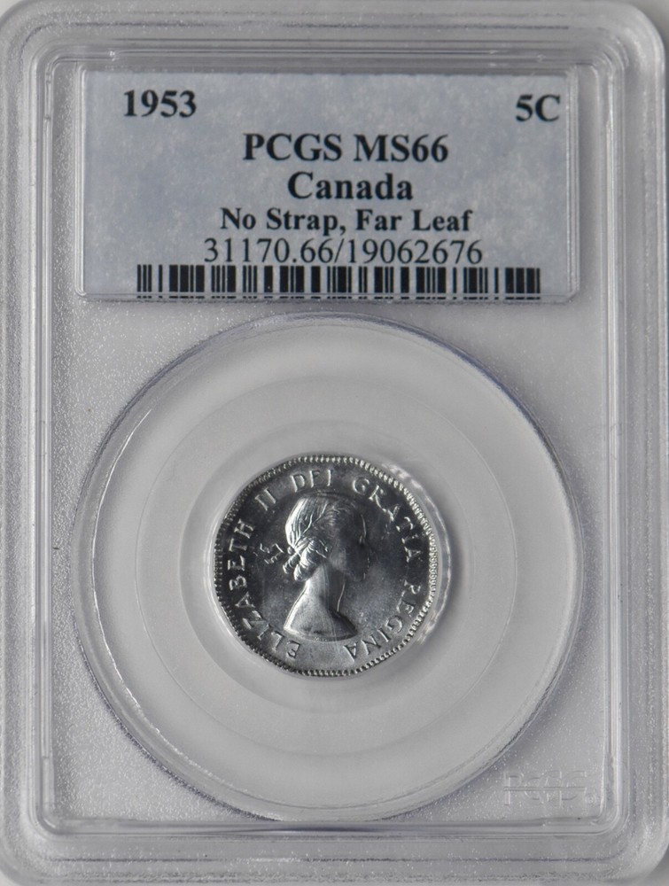 1953 Canada 5 Cents - PCGS MS66 - No Strap, Far Leaf - ✪COINGIANTS✪