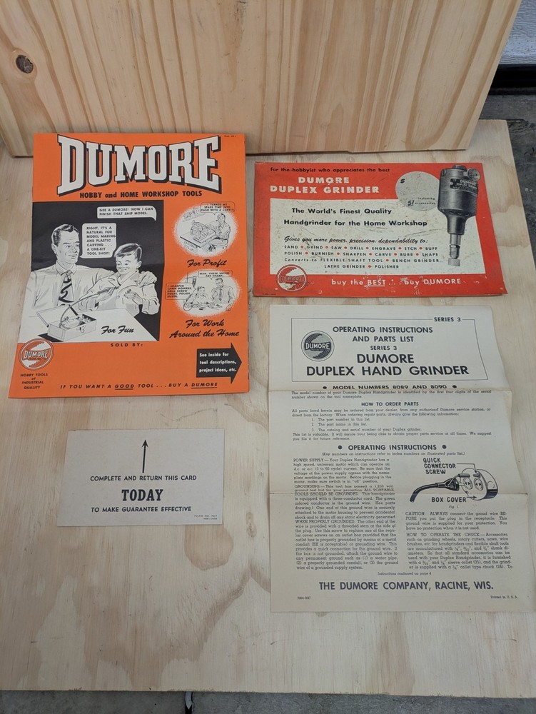 Vintage Dumore 3-011 Hand Duplex Grinder Original Box, Accessories, Paperwork