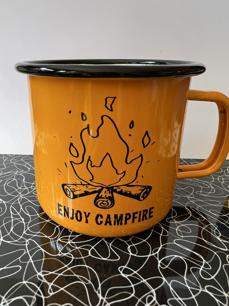 ORANGE Enamelware "Enjoy Camping" Metal Mug / Cup