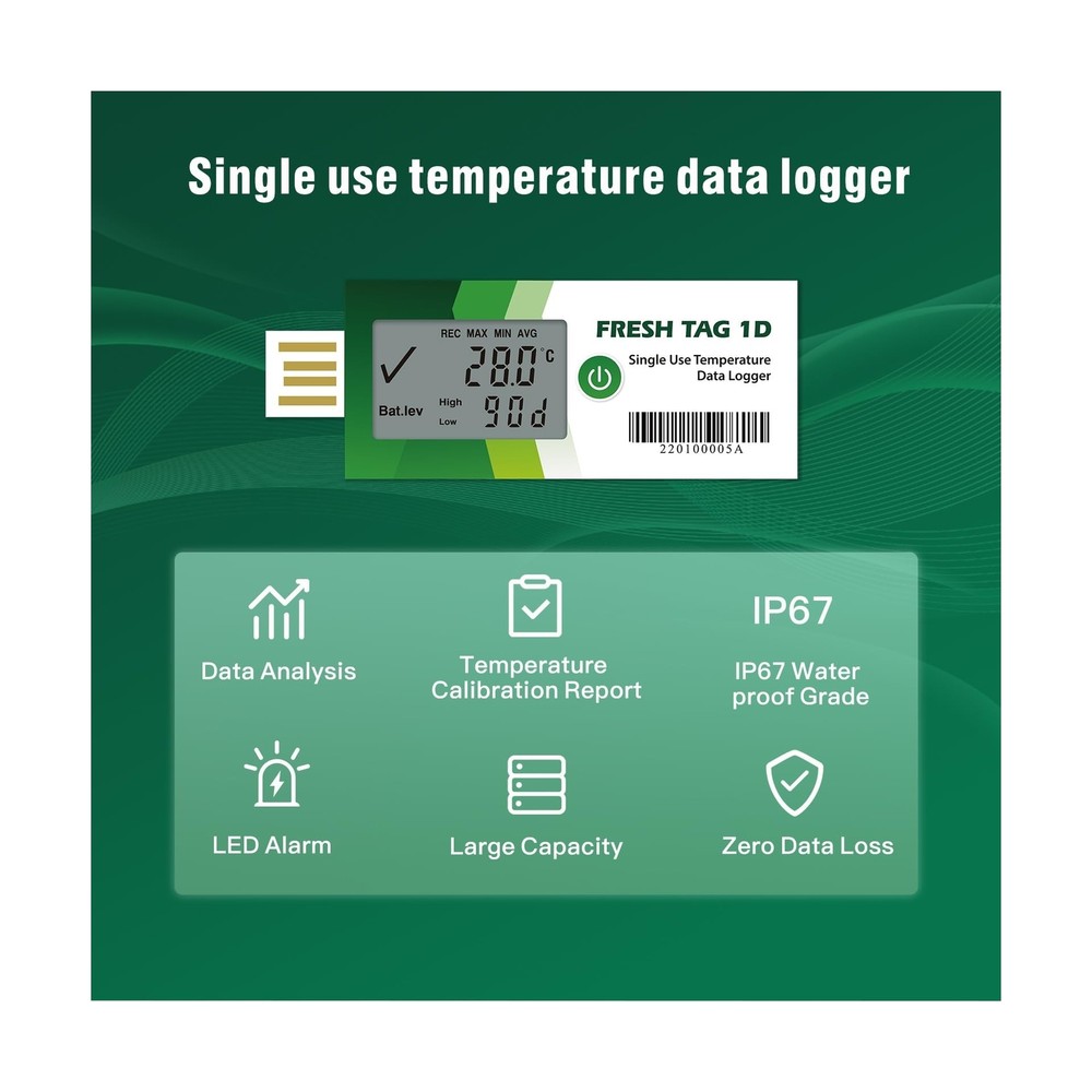 Freshliance Temperature Data Logger with LCD Display, Single Use USB Temperat...
