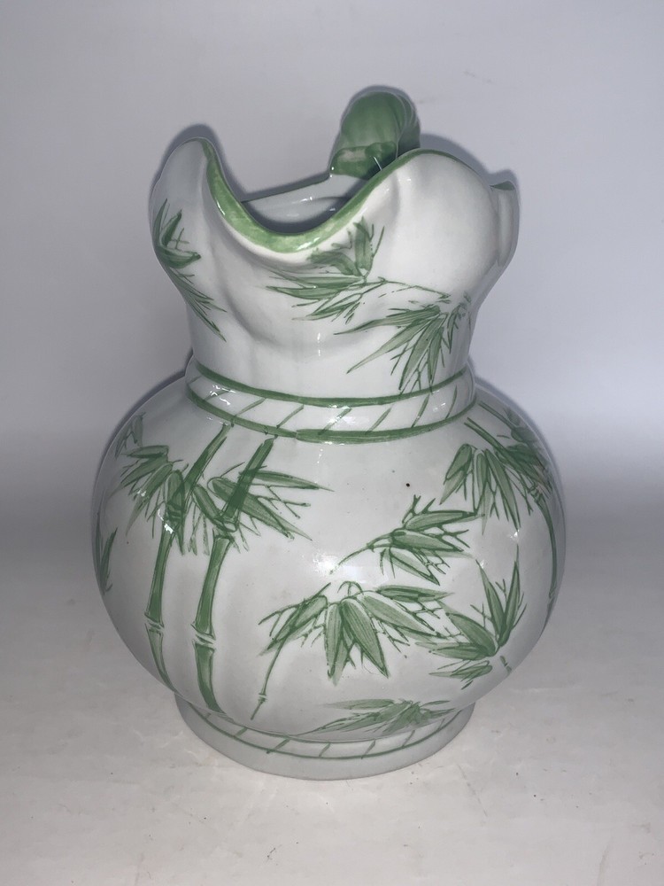 Japan Asian Bamboo Theme Green and White Ceramic Pitcher