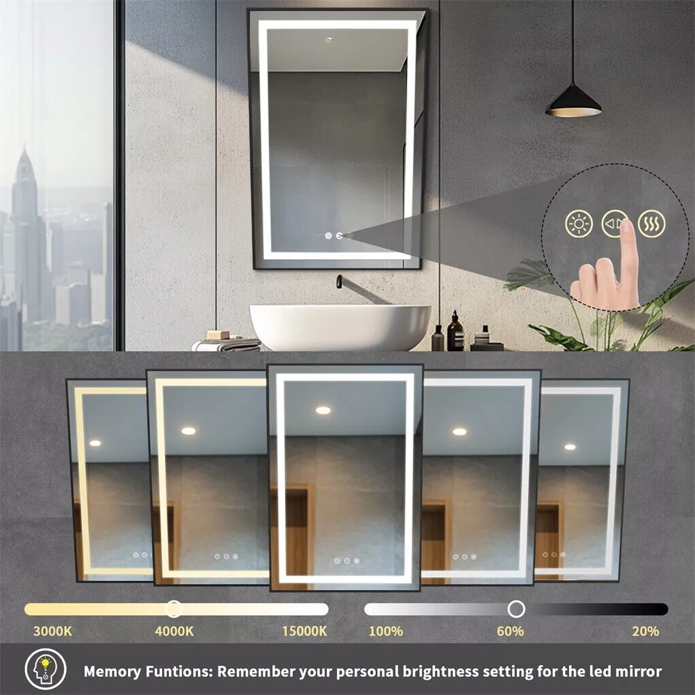 LED Illuminated Bathroom ADA Fixed Mirror with Tilt Frame Vanity 3 Colors Mirror