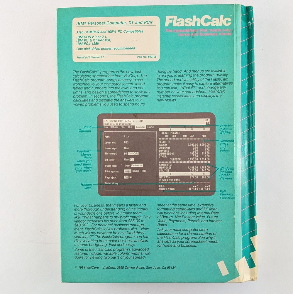 FlashCalc User Manual For IBM (1984) VisiCorp, Vintage Spreadsheet Software