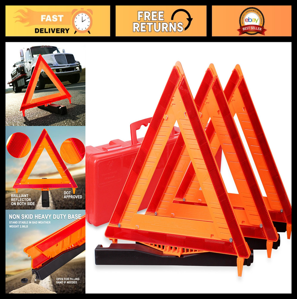 3 Pack Reflective Warning Triangle Kit - DOT Approved Road Safety Sign Set