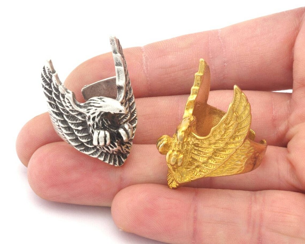 Eagle Wings Ring Statement Animal Adjustable Raw Brass , Silver plated 4620
