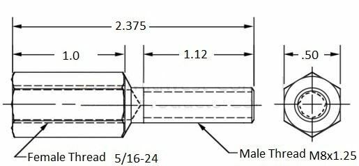 Thread adapter, 5/16-24 Female thread, M8x1.25 Male thread