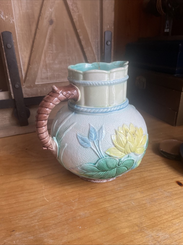Antique Majolica Samuel Lear Pond Lily & Rope Handled Pitcher #2