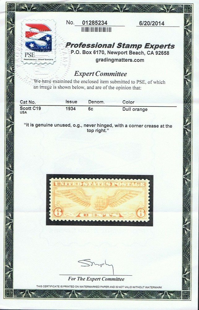 AFFORDABLE GENUINE SCOTT #C19 MINT OG NH VF 1934 DULL ORANGE PSE CERT