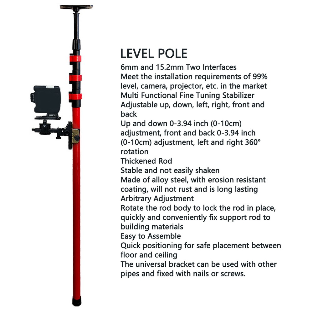 Level Pole 4m Telescopic Leveler Mounting Rod With 6mm 15.2mm Interface