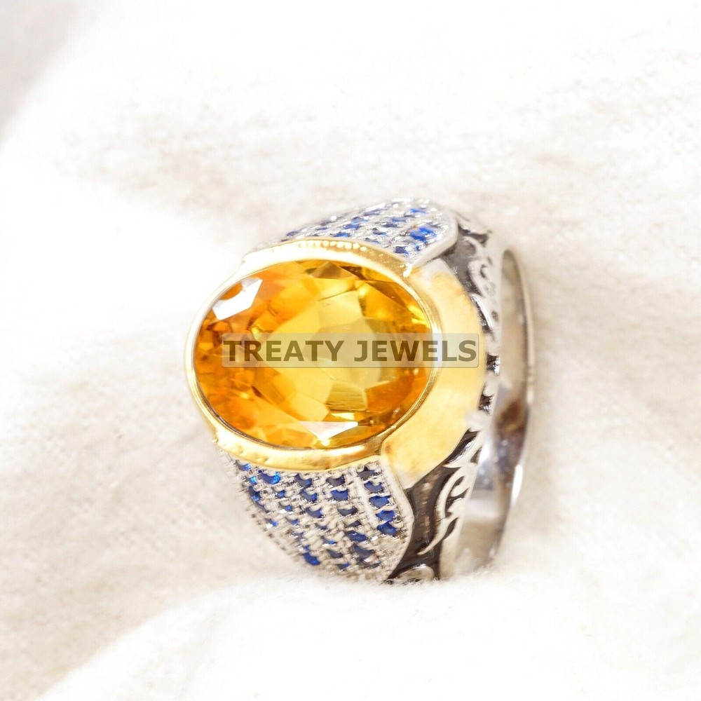 Citrine Oval Cut Gemstone With 14K Solid White Gold Ring For Men's #A996