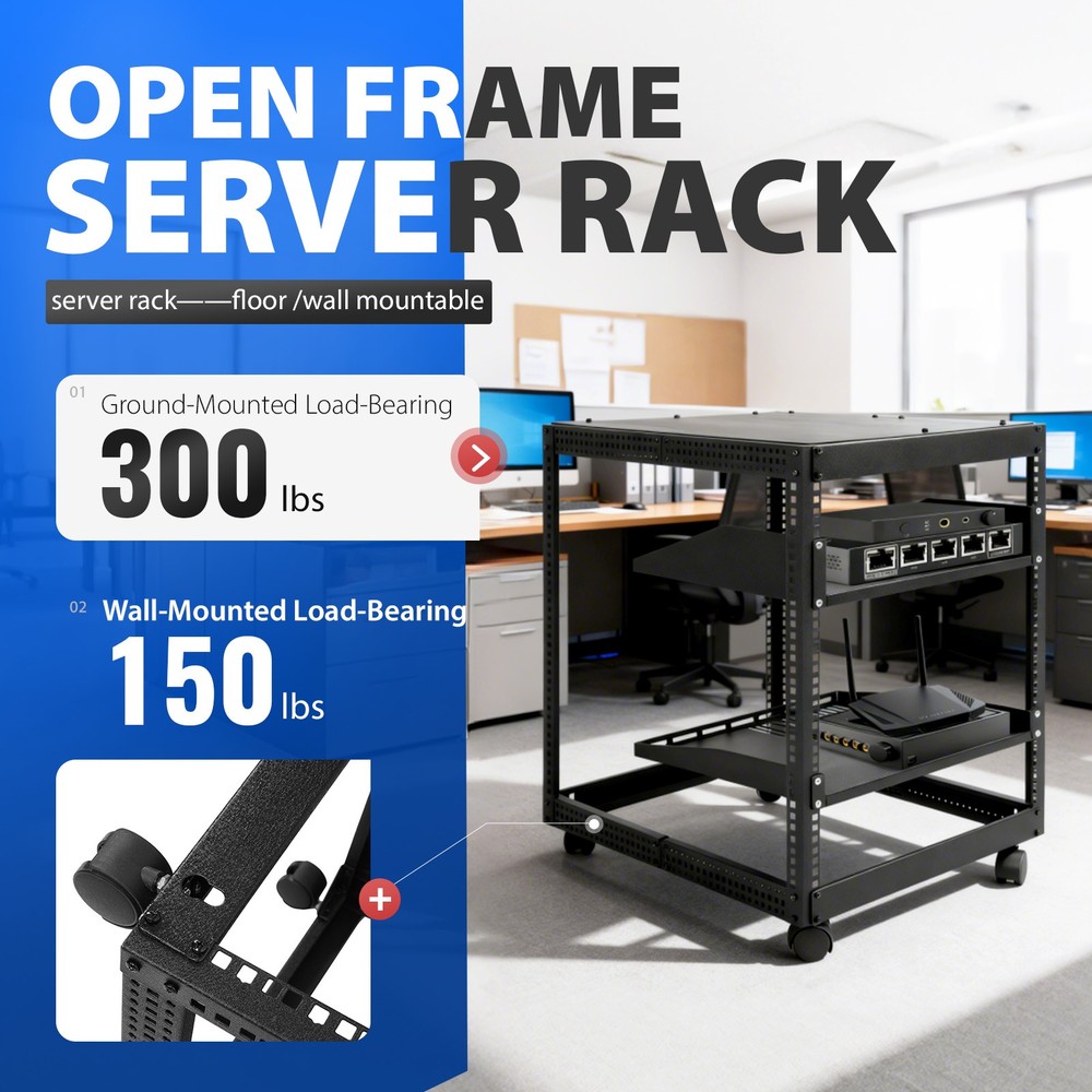 12U 4 Post Open Frame Server Rack Network 23"-40" Adjustable w/ Casters Shelves