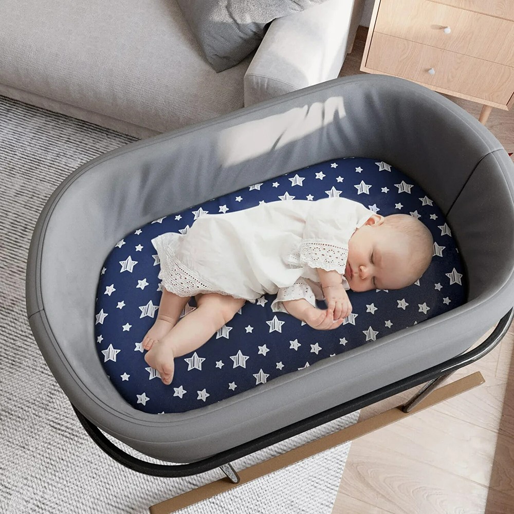 Bassinet Sheets Boys 4 Pack for Oval/Hourglass/Rectangular Mattress 32"×17" Navy