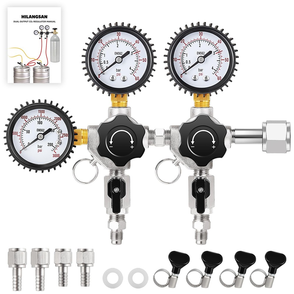 Dual CO2 Regulator for Kegerator CO2 Tank Regulator, CGA-320 CO2 Pressure Reg...