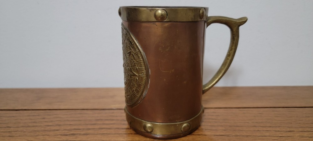 VINTAGE COPPER & BRASS CUP WITH MAYAN AZTEC CALENDER