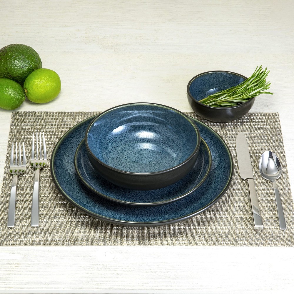 Sango 16-Piece Stoneware Dinnerware Set for 4, Glossy Black/Blue Big Dinner P...
