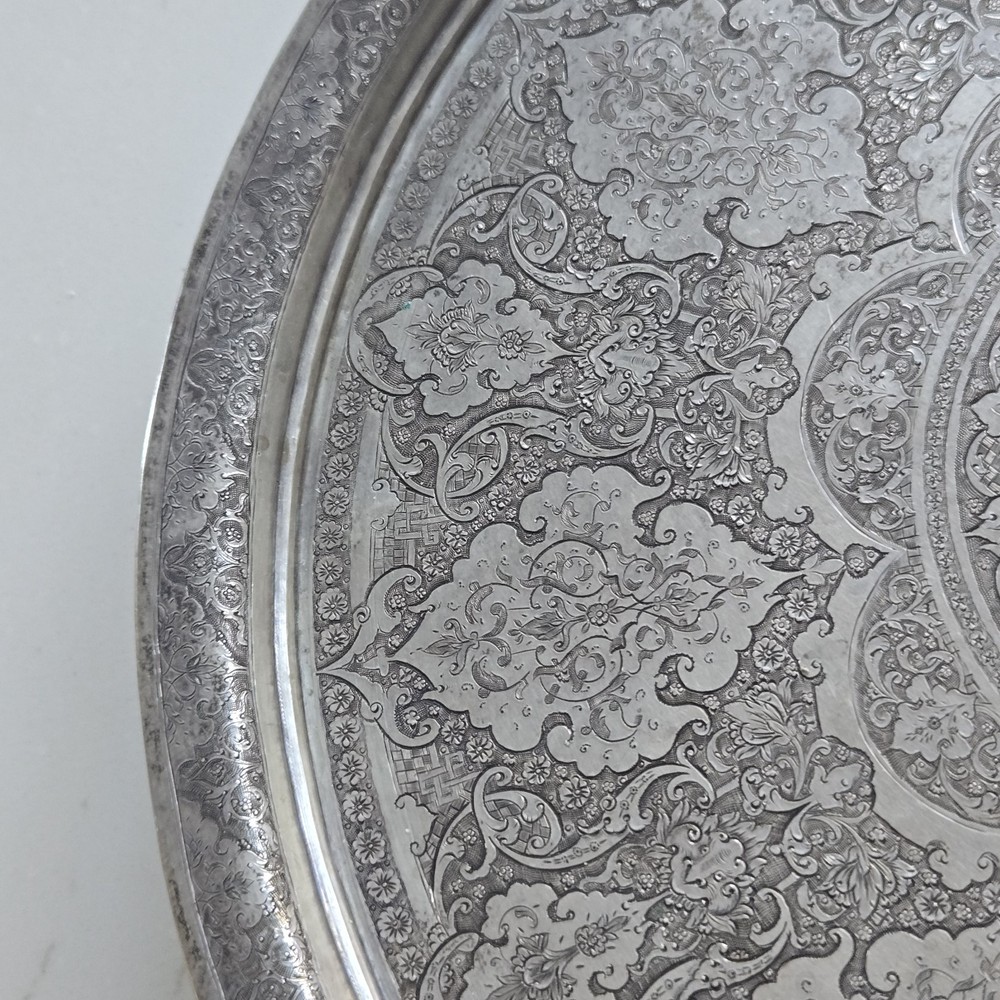 EXCEPTIONAL GENUINE ANTIQUE MIDDLE EASTERN SILVER ROUND TRAY