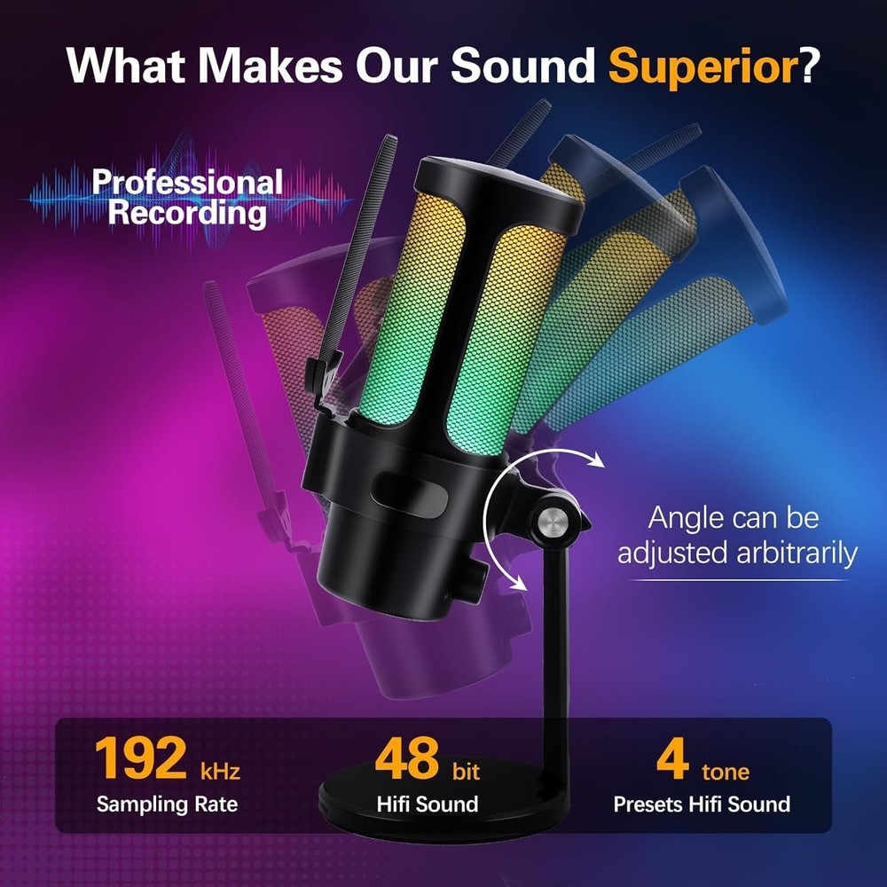 VCOM Gaming USB Microphone, Condenser Dynamic Mic for Podcasting, Streaming, wit