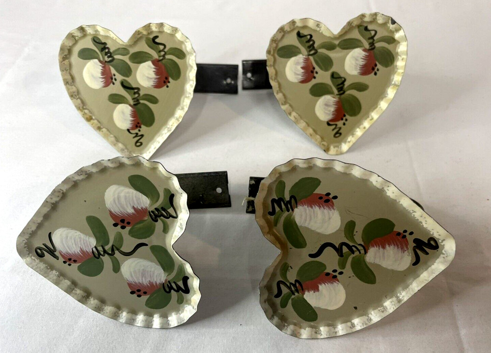 Hand Painted Artist Crafted Tin Heart Curtain Pull Backs Two Sets Cottage Core
