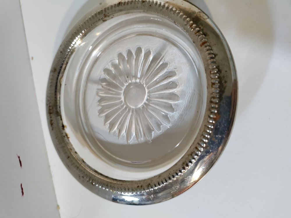 Vintage Silver Plated Coasters 2 with Crystal Glass Bottom Starburst