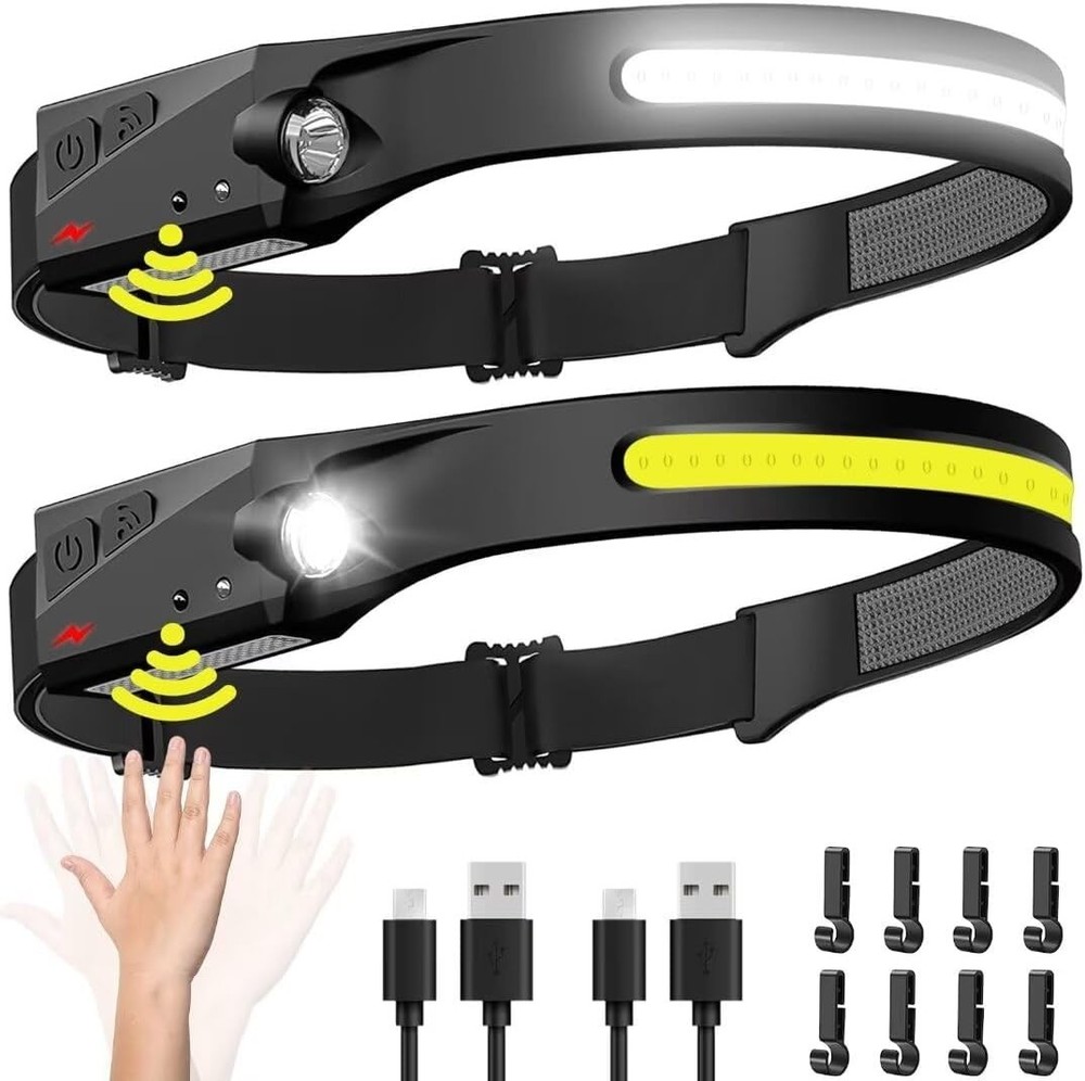 Rechargeable Headlamp 2 Pack LED Waterproof 230° Wide Beam Motion Sensor