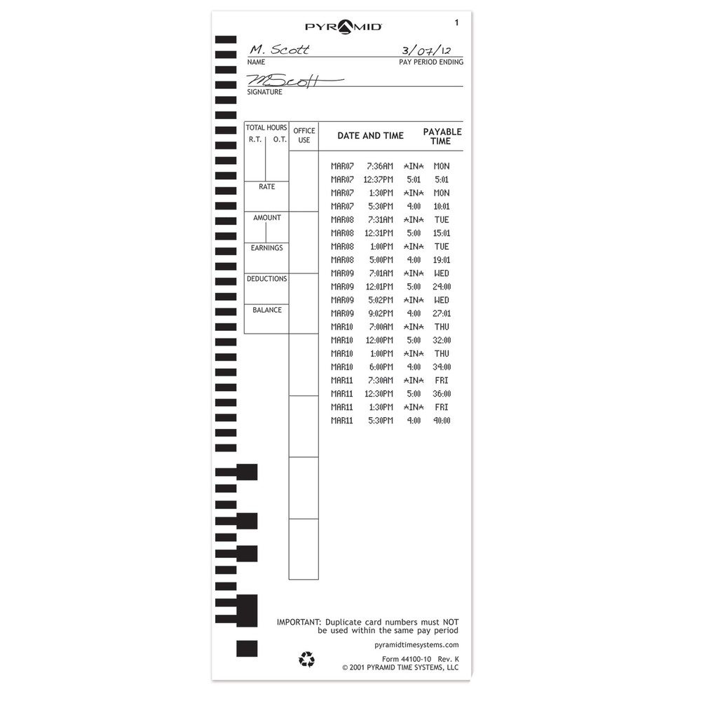 Pyramid Time Systems - Authentic Time Cards 44100-10 for Pyramid Models 4000,...