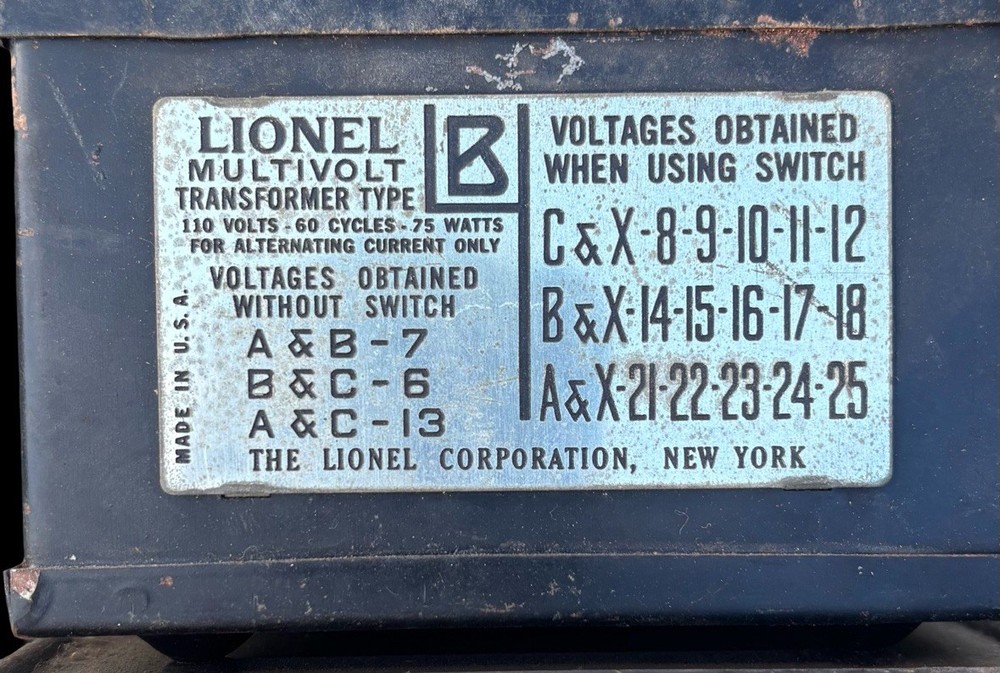 Vintage Lionel Type B 75 Watt Multivolt Transformer